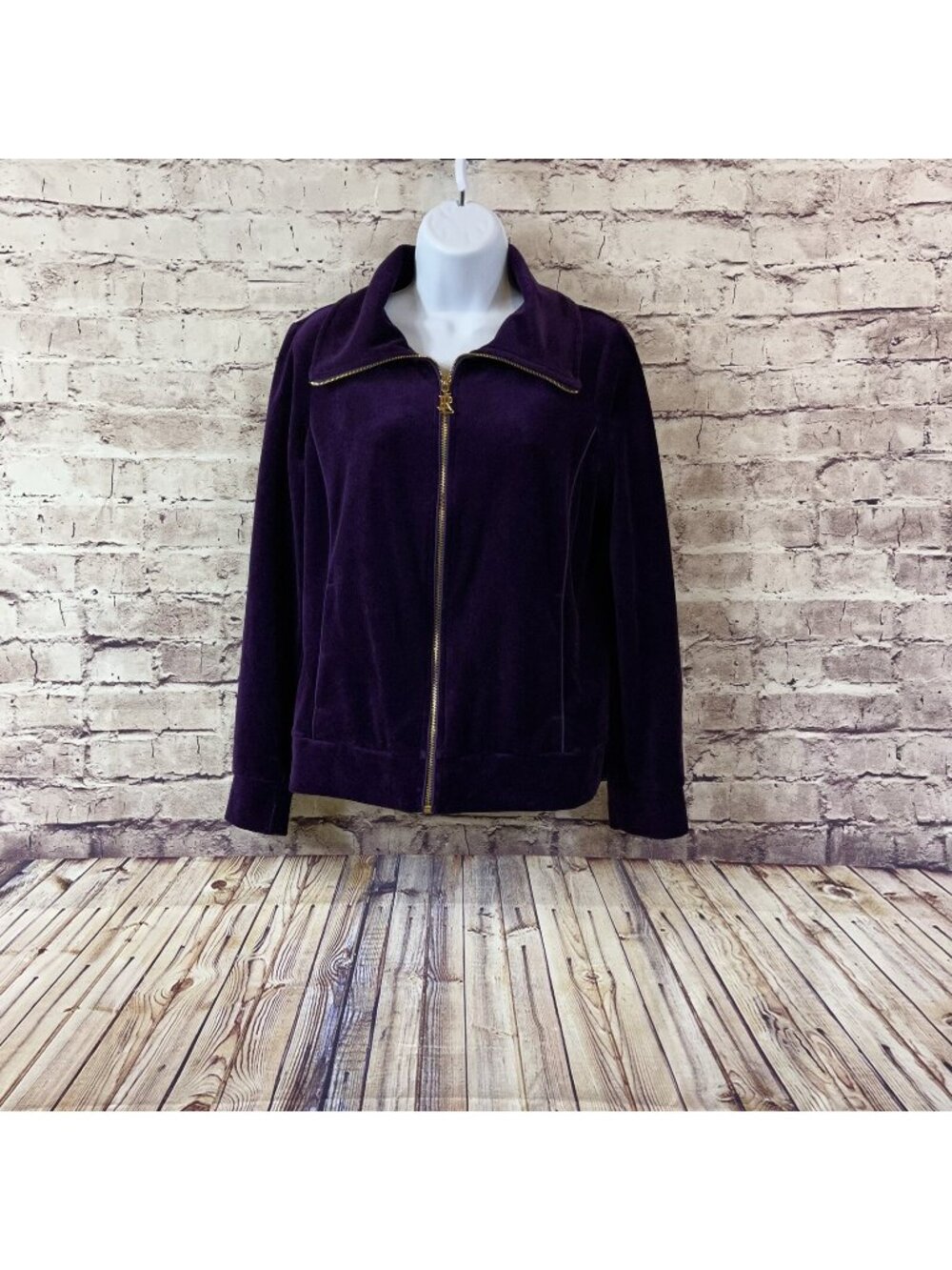 Lauren Ralph Lauren Purple Velour Zipper Front Long Sleeve Jacket